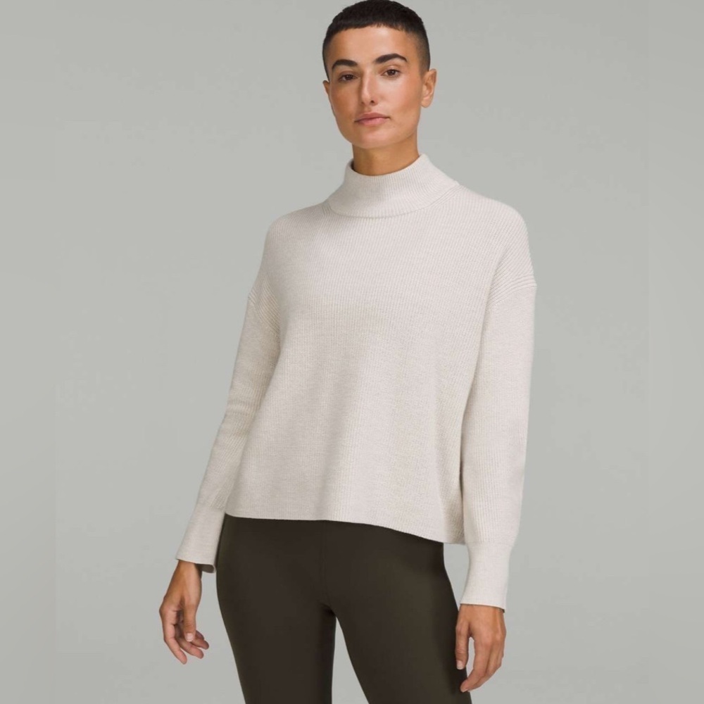 Lululemon Merino Wool-Blend Ribbed Turtleneck Sweater Heathered Natural Ivory